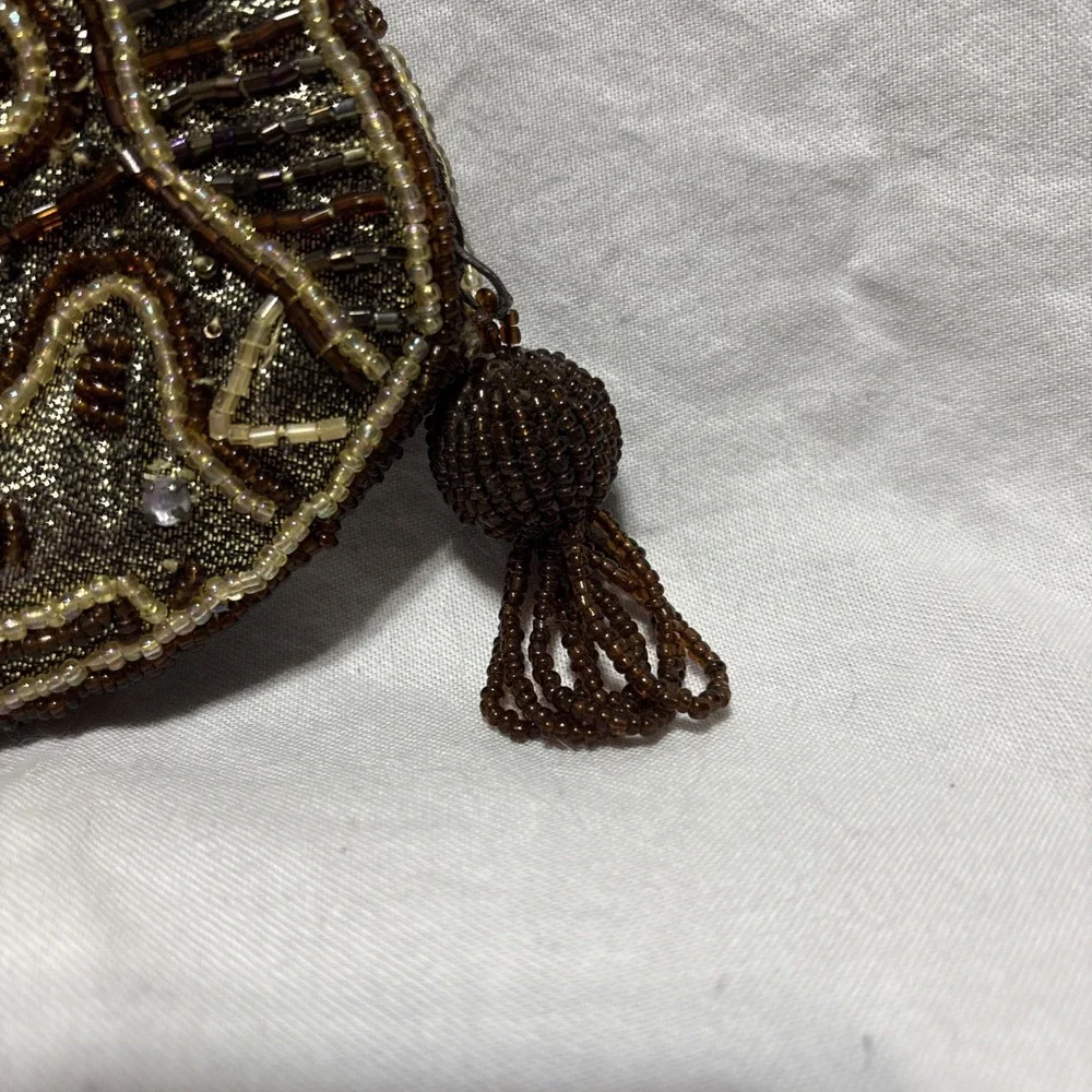 Vintage Beaded Evening Bag Clutch Purse Chain Strap Brown Gold Party‎ Crossbody